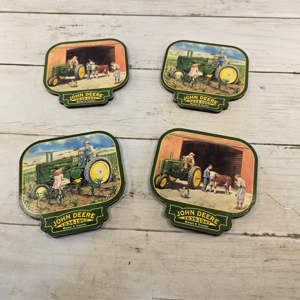 Vintage John Deere Tractor Coasters Set of 4 Cork Back Model A & H Farm Scenes